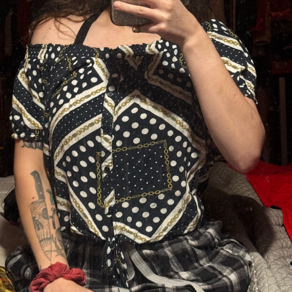 Cotton On Navy and White Off-Shoulder Blouse